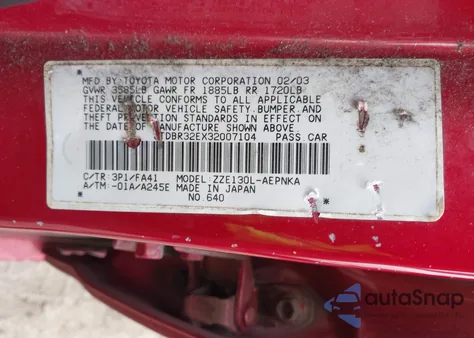 2003 Toyota Corolla Le z USA, uszkodzony, nr VIN JTDBR32EX32007104